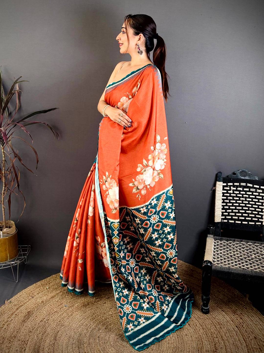 Vermilion Orange Tussar Ikkat Patola Saree

