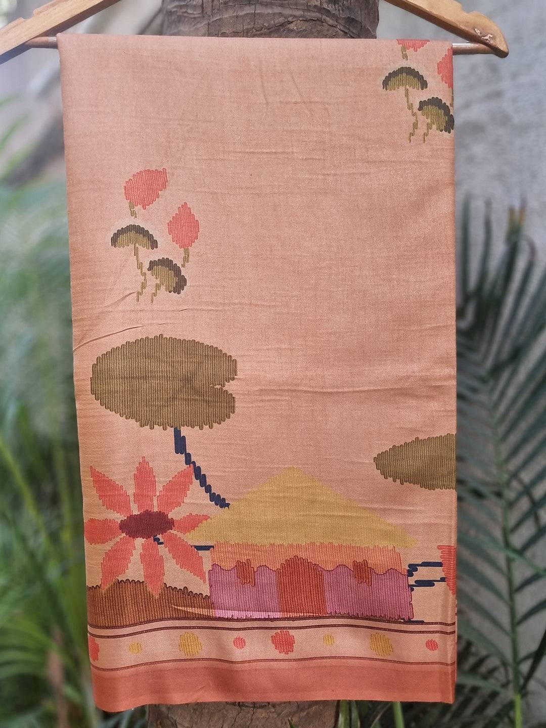 Brown Tussar Silk Saree with Ikkat Kalamkari Print on hanger