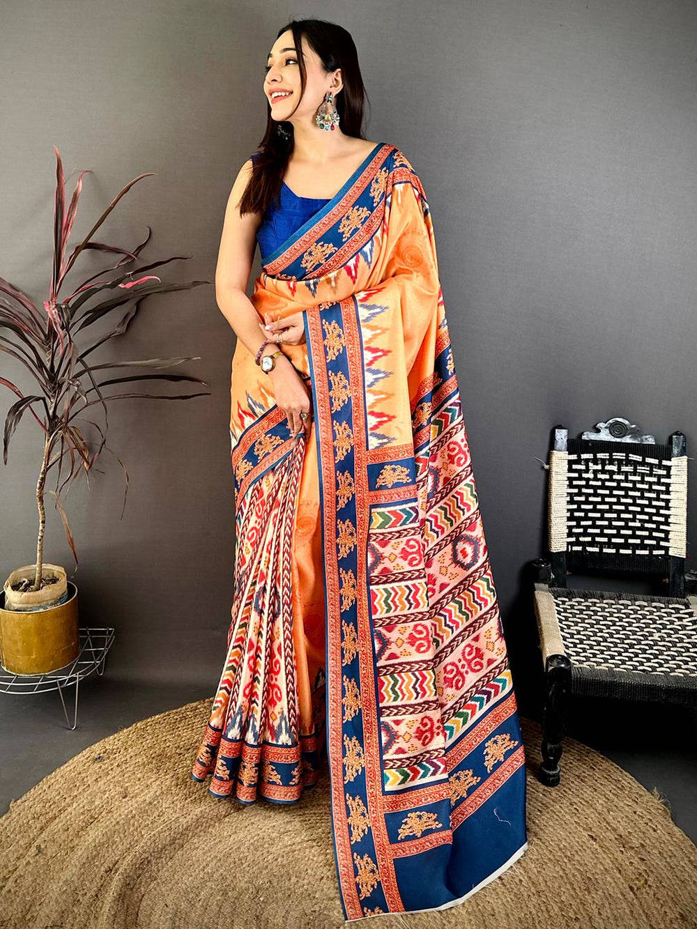 Orange Tanjore Ikkar Digital Tussar Saree