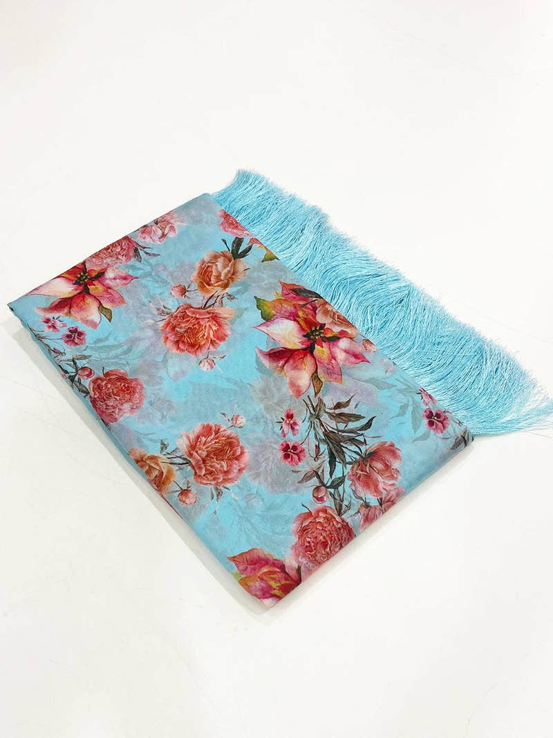 Sky Blue Floral Tebi Silk Saree