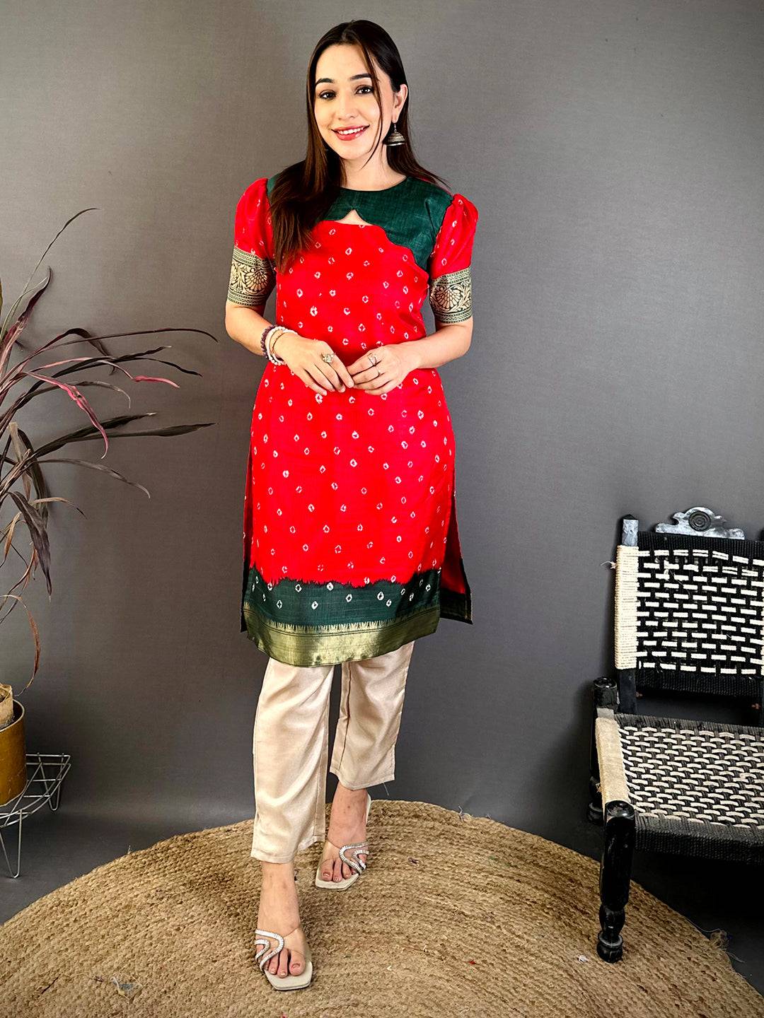 Red Soft Dola Silk Round Neck Kurti