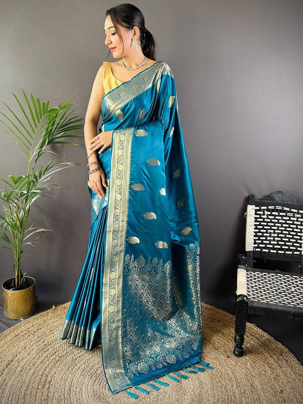 Teal Banarasi Soft Satin Masru Mango Silk Saree