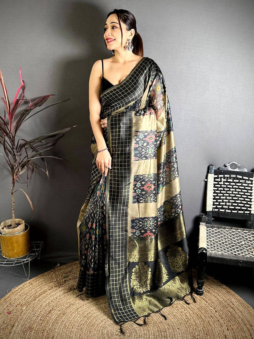 Stylish Black Soft Silk Zari Chex Saree