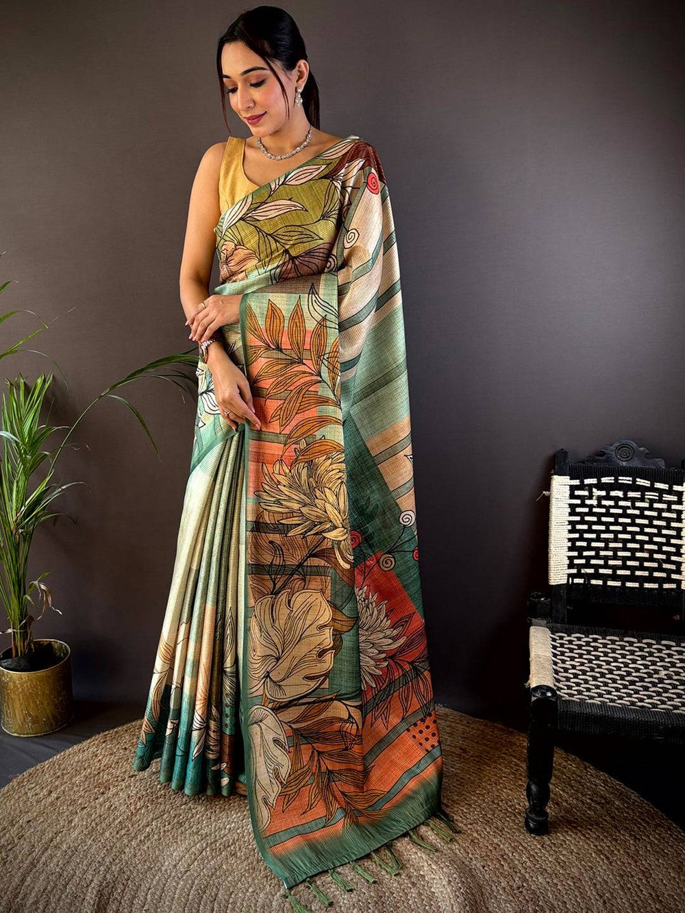 Turquoise Tussar Silk Floral Prints Saree
