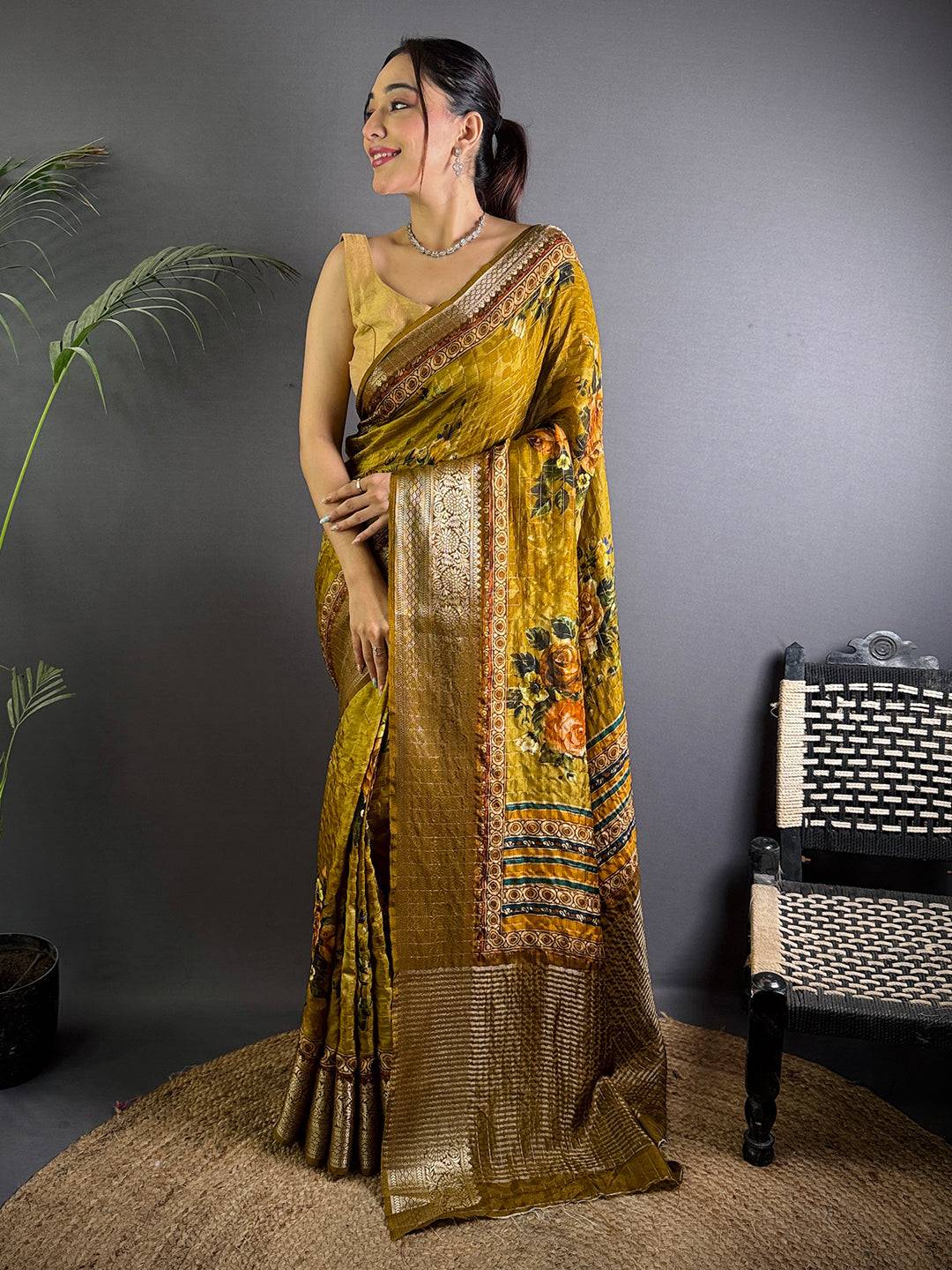 Mustard Pure Viscose Floral Printed Saree