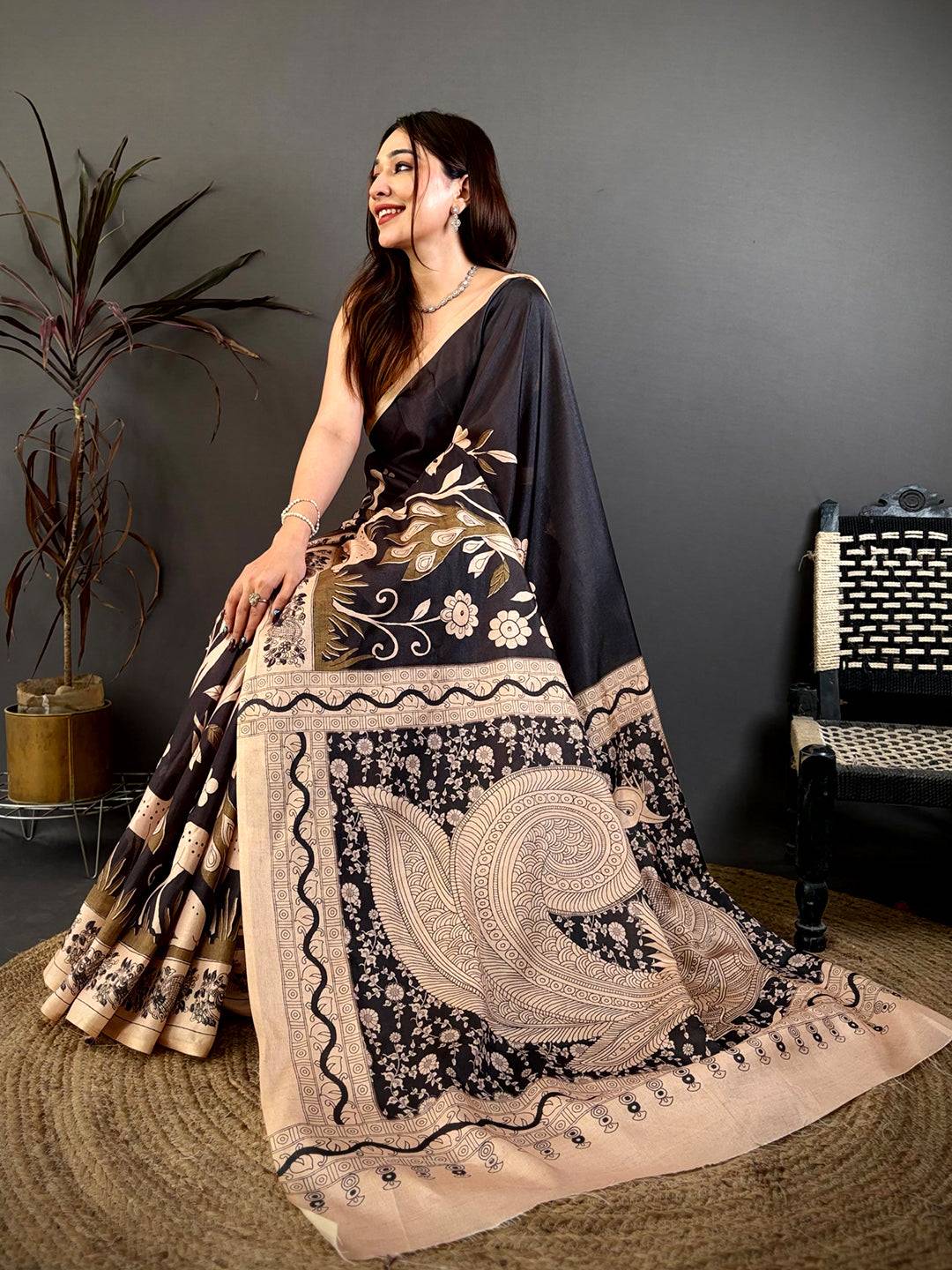 Royal Black Printed Soft Tussar Saree