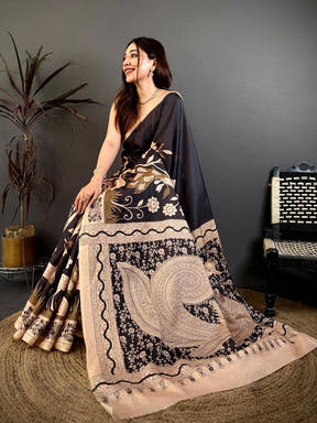 Royal Black Printed Soft Tussar Saree