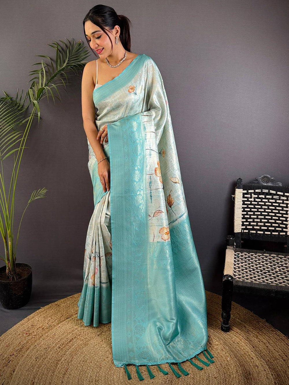 Sky Blue Kanjivaram Silk Digital Print Saree