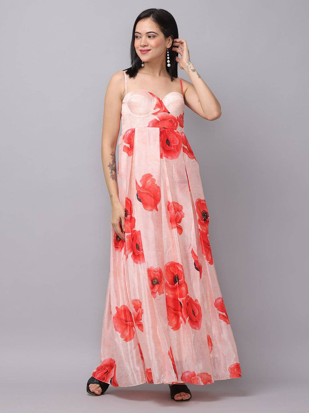Blush pink dress with red floral print, front view