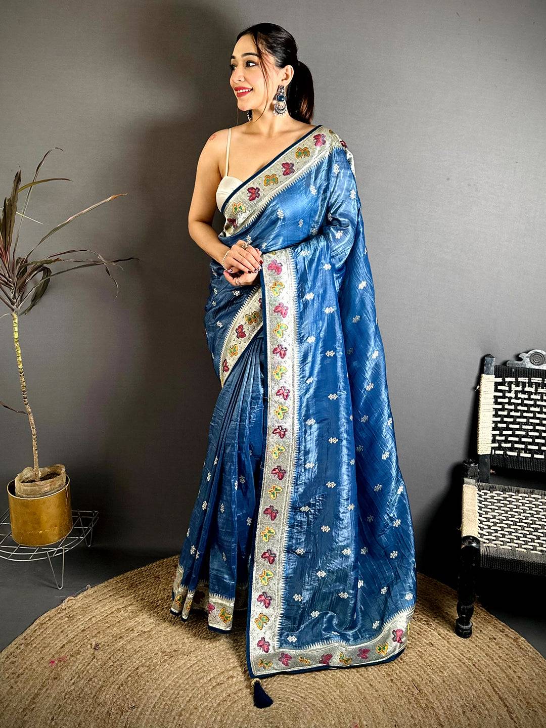 Blue Crush Silk Zari Embroidered Saree