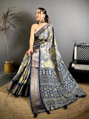 Grey Dola Big Floral Zari Kanchi Saree
