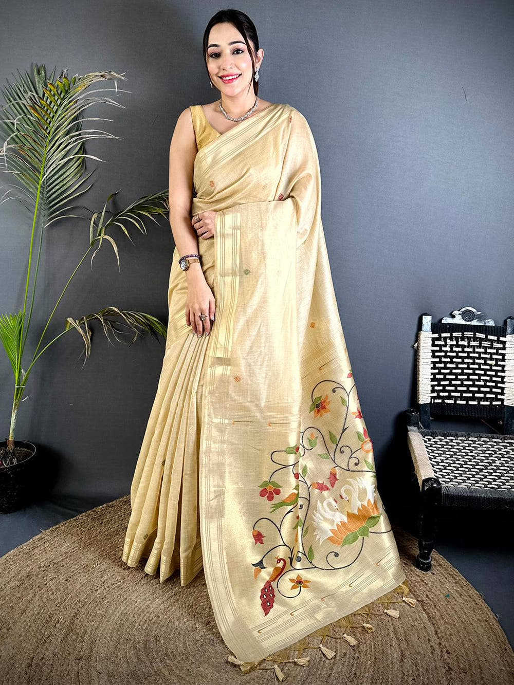 Off White Swan Minakari Linen Saree