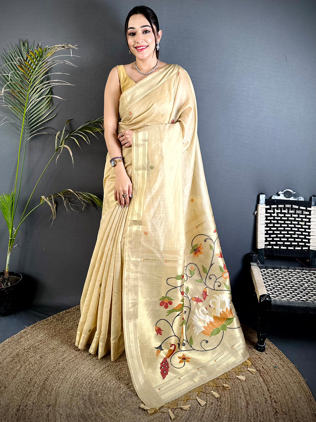 Off White Swan Minakari Linen Saree