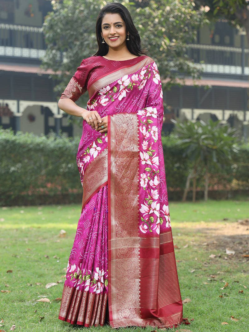 Magenta Pure Viscose Dola Silk Saree And Floral Print Border