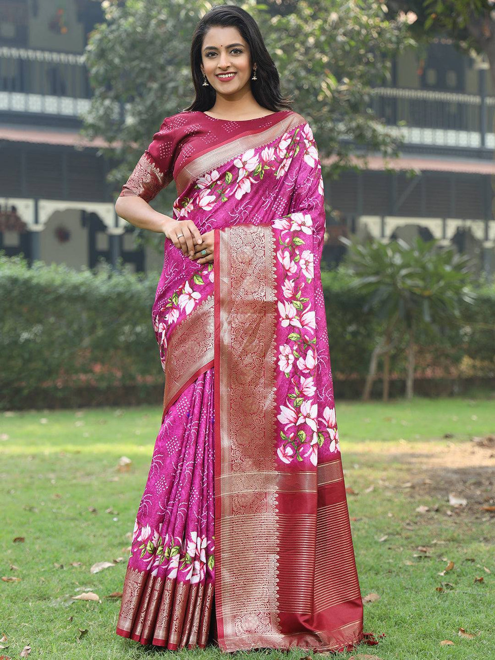 Magenta Pure Viscose Dola Silk Saree And Floral Print Border