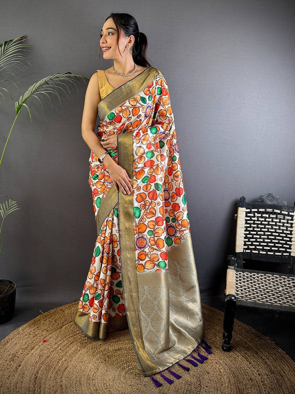 Radiant Floral Kalamkari Digital Print Saree