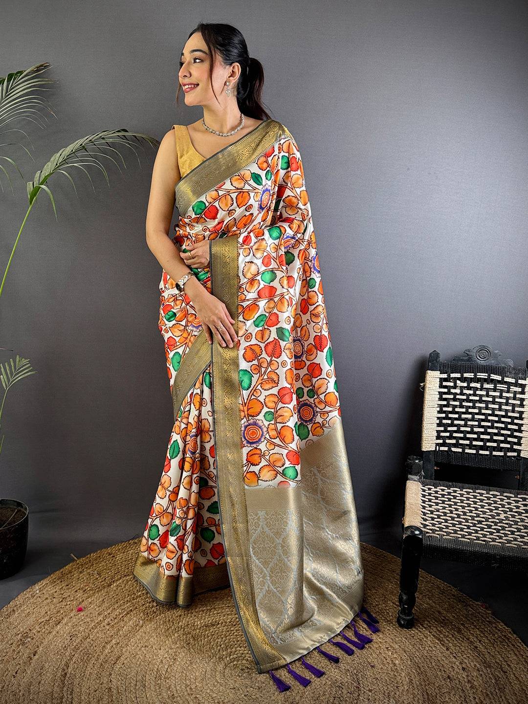 Radiant Floral Kalamkari Digital Print Saree