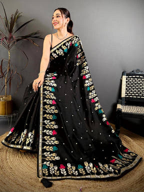Black Soft Satin Minakari Aari Work Saree