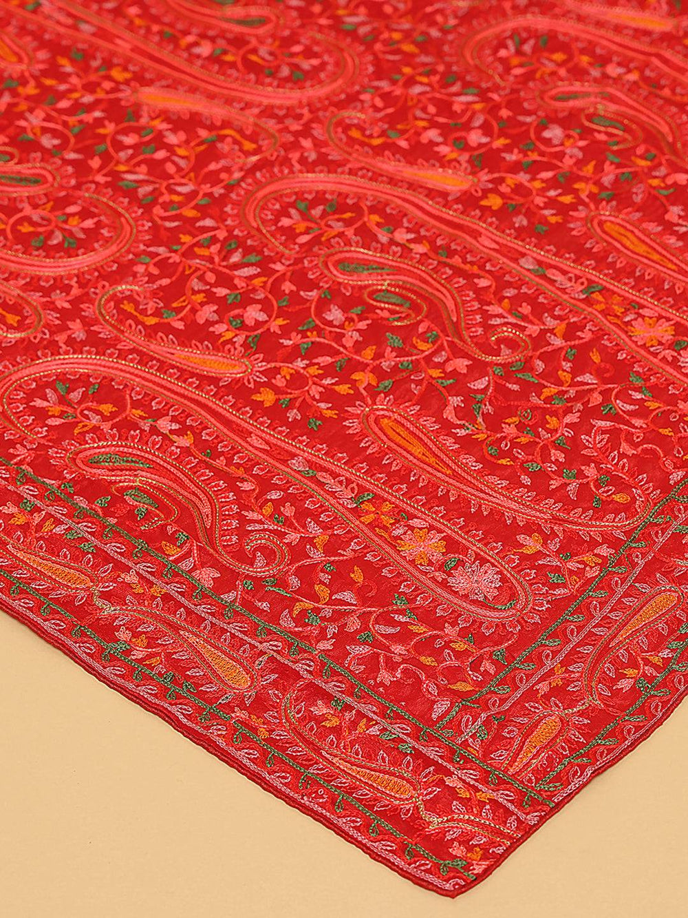 Close-up of Red Poly Chiffon Pashmina Dupatta embroidery