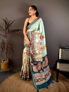 Regal Kalamkari Lotus Tussar Saree