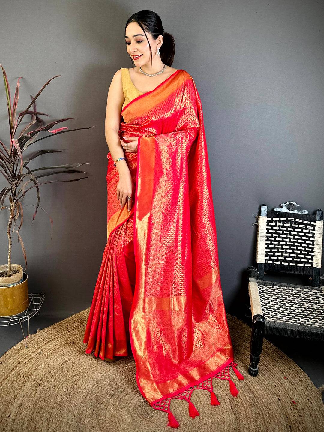 Radiant Rani Red Kanjivaram Zari Silk Saree