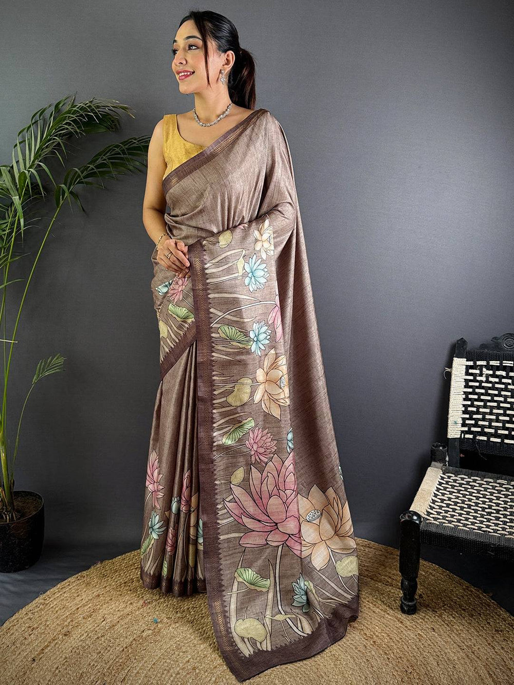 Regal Brown Tussar Ghicha Silk Saree