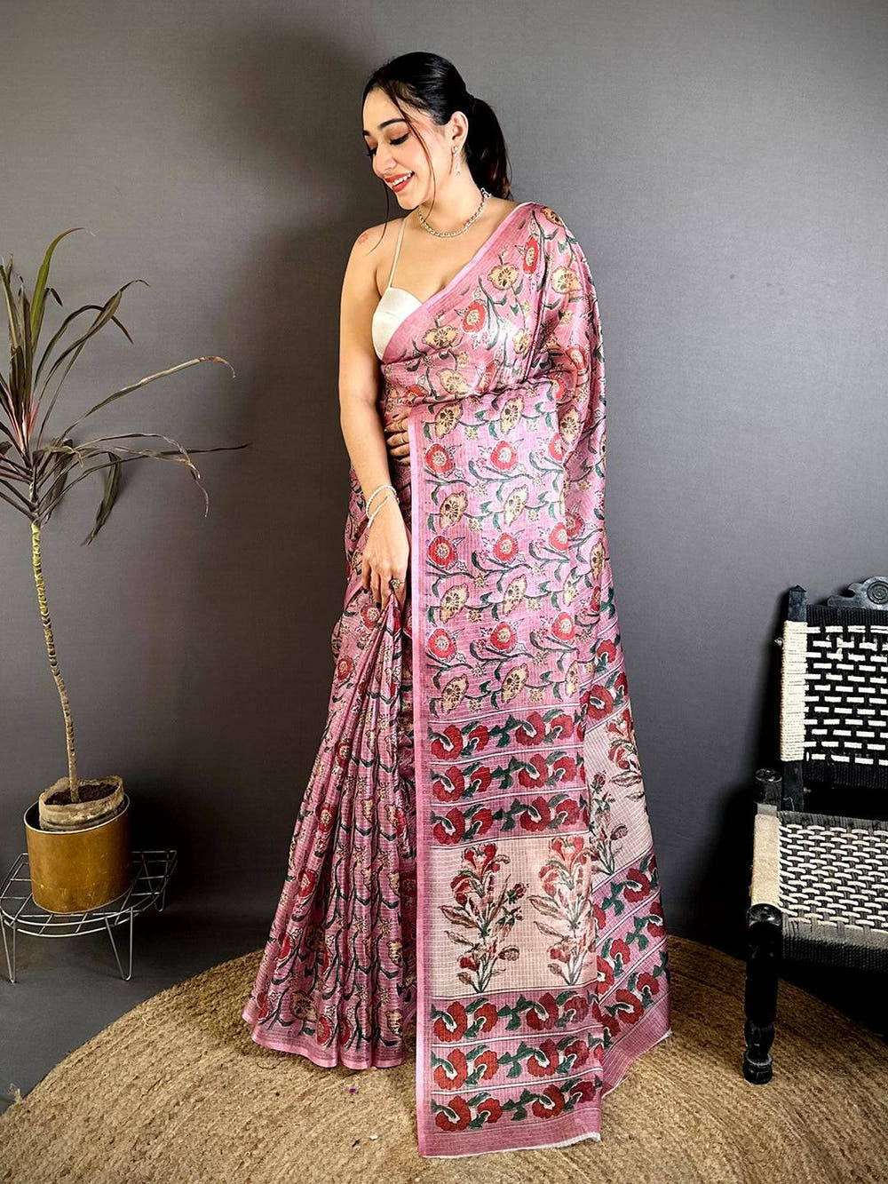 Pink Kota Doriya Floral Print Saree