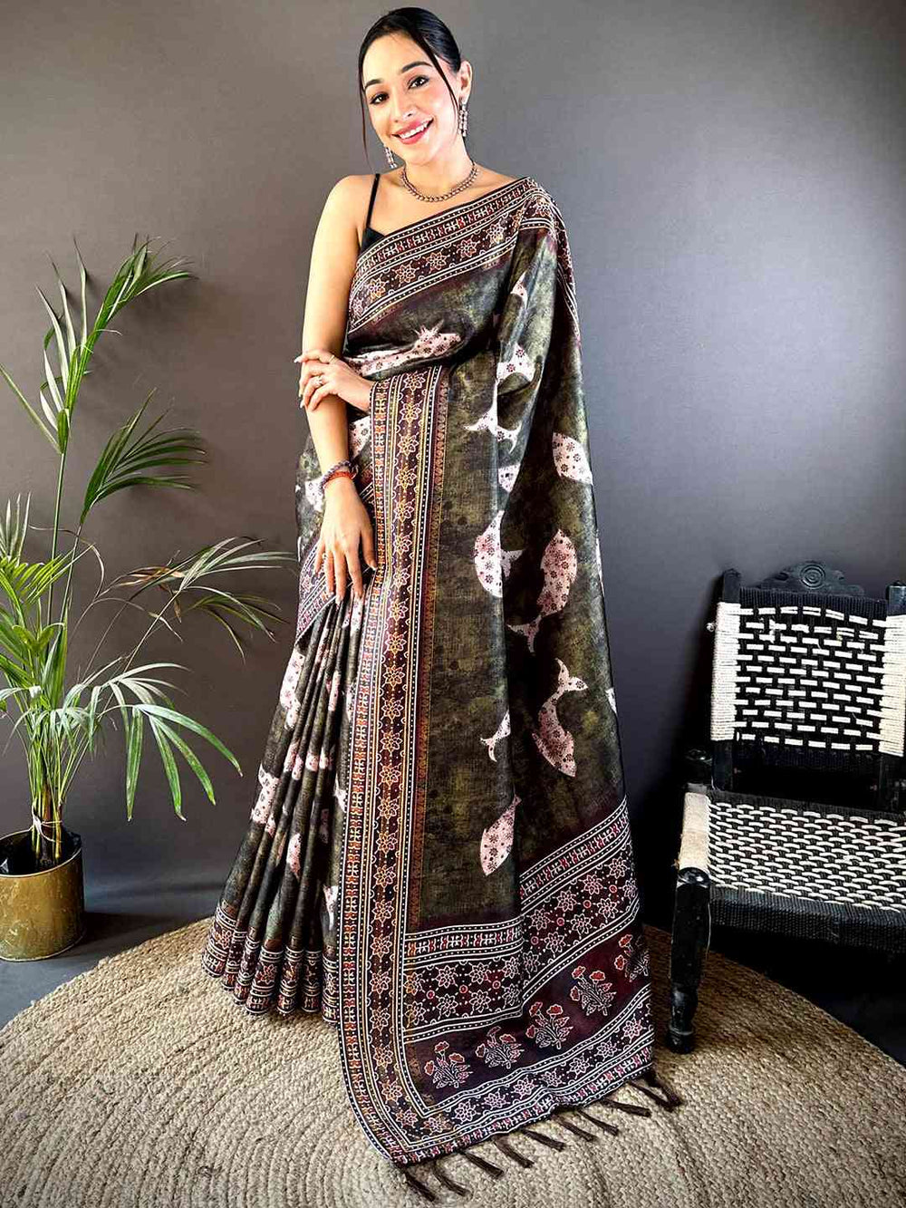 Dark Brown Soft Silk Fish Kalamkari Saree