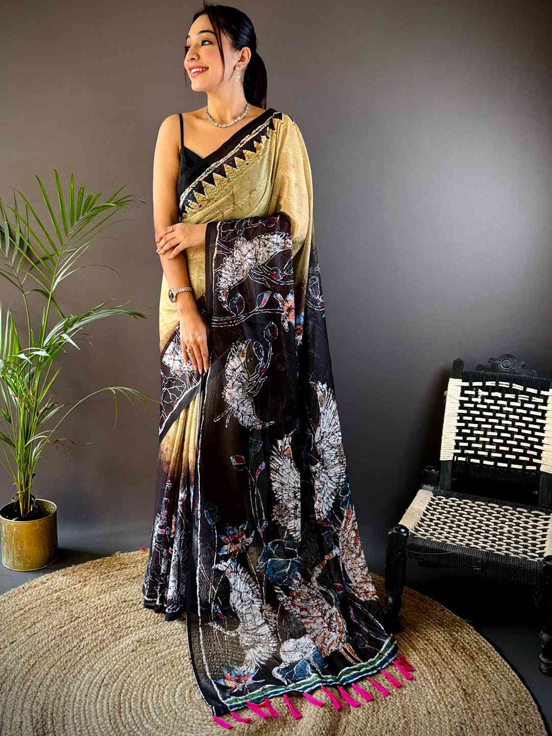 Yellow Georgette Batik Printed Saree