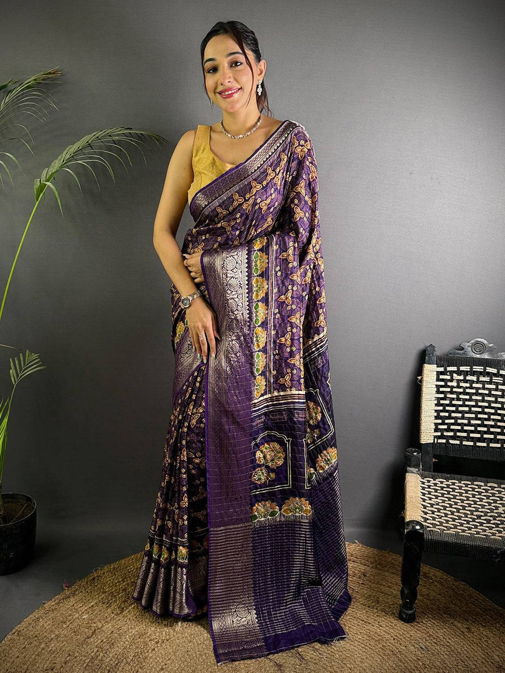 Royal Purple Ajrak Print Viscose Saree