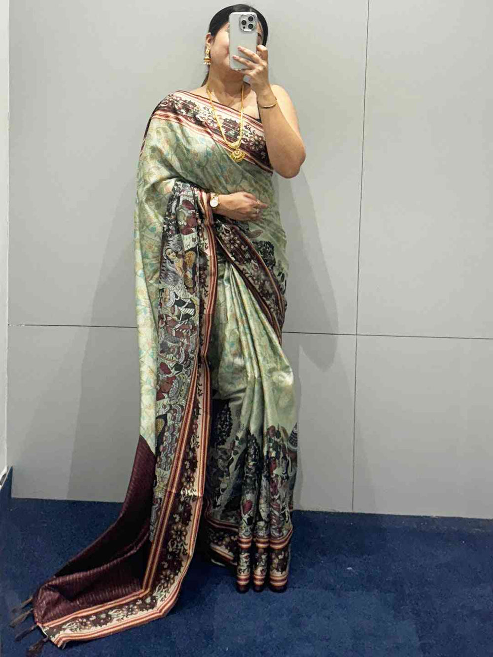 Full view of Pista Colour Satin Kota Doria Saree with Zari Pallu