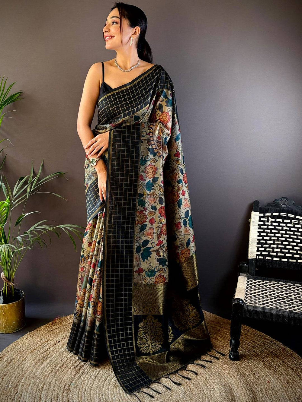 Black Soft Silk Kalamkari Printed Saree