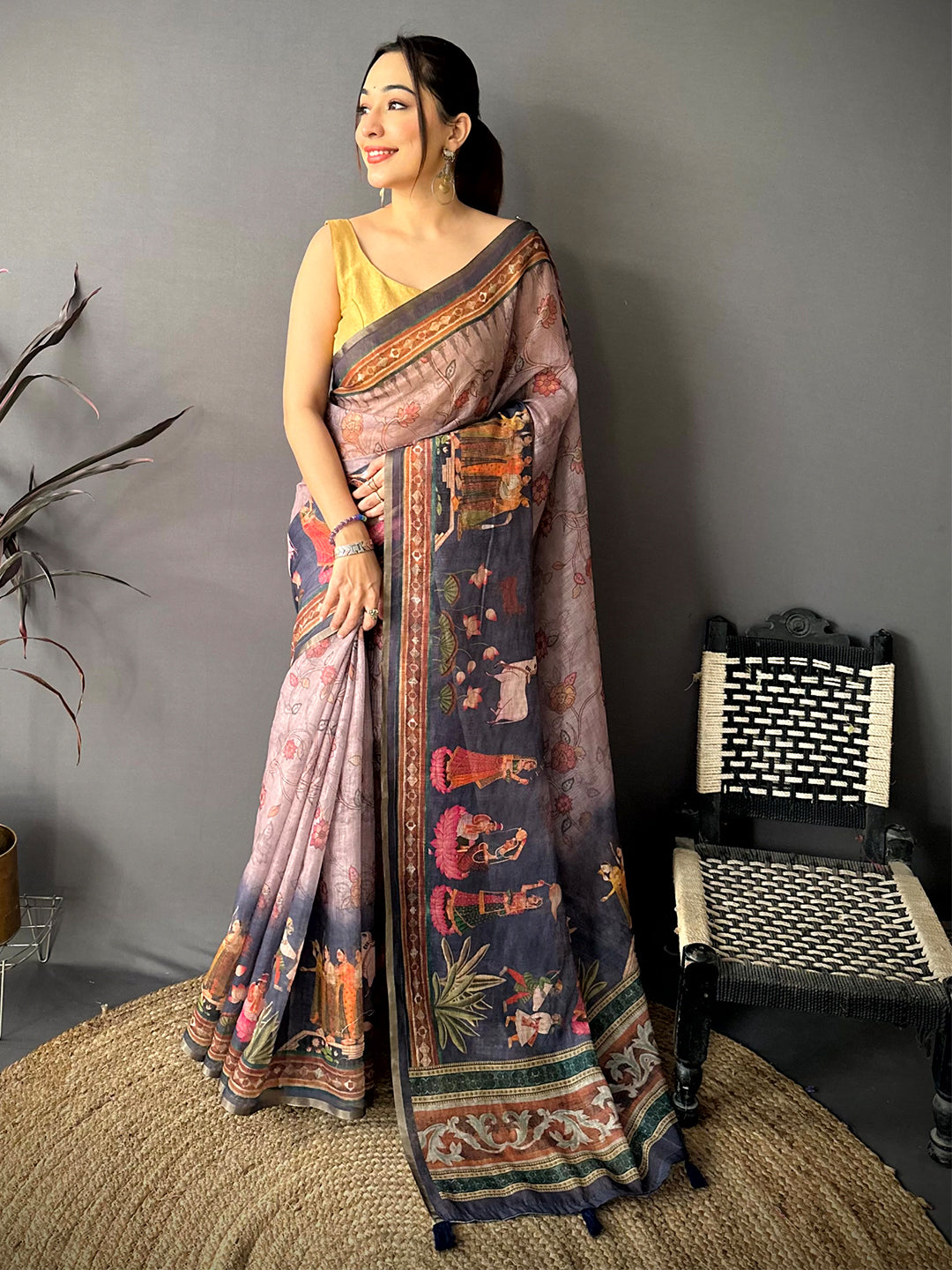 Tradition Pen Kalamkari Digital Linen Saree


