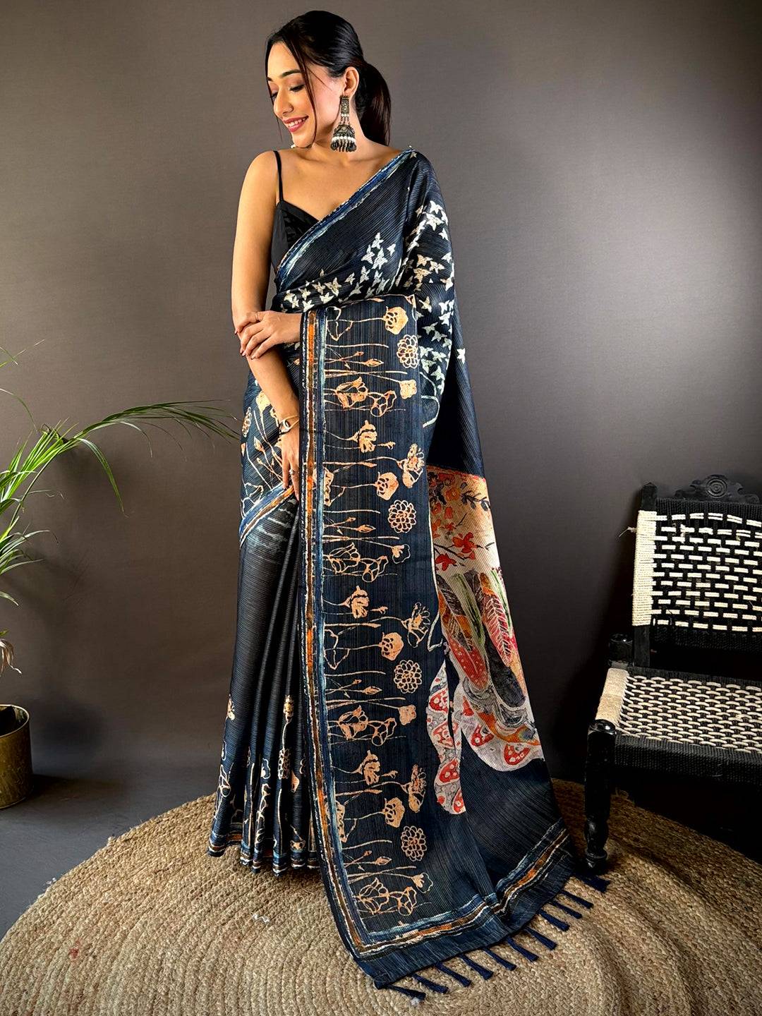 Deep Teal Monochromatic Botanical Print Saree
