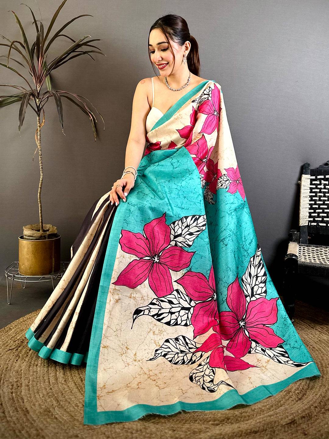 Opulent Tussar Floral Batik Print Saree