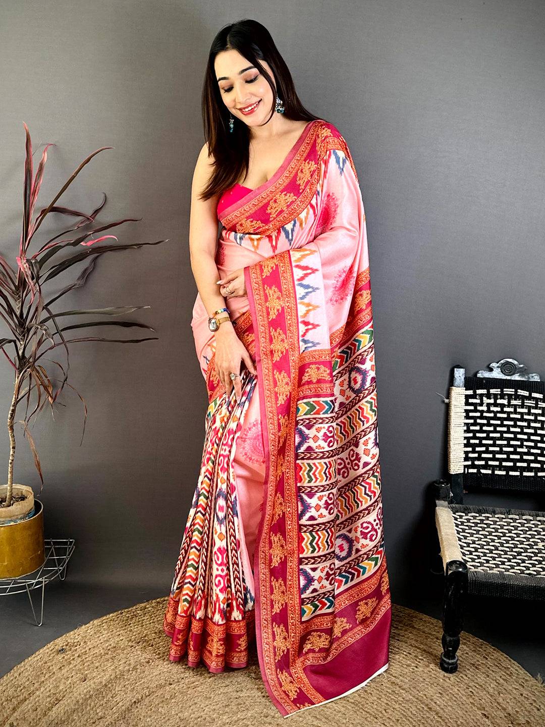 Pink Tanjore Ikkar Digital Tussar Saree