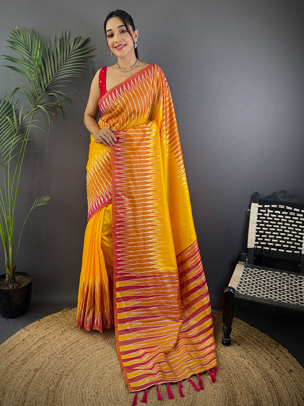 Yellow Soft Silk Ikkat Zari Weaving Saree