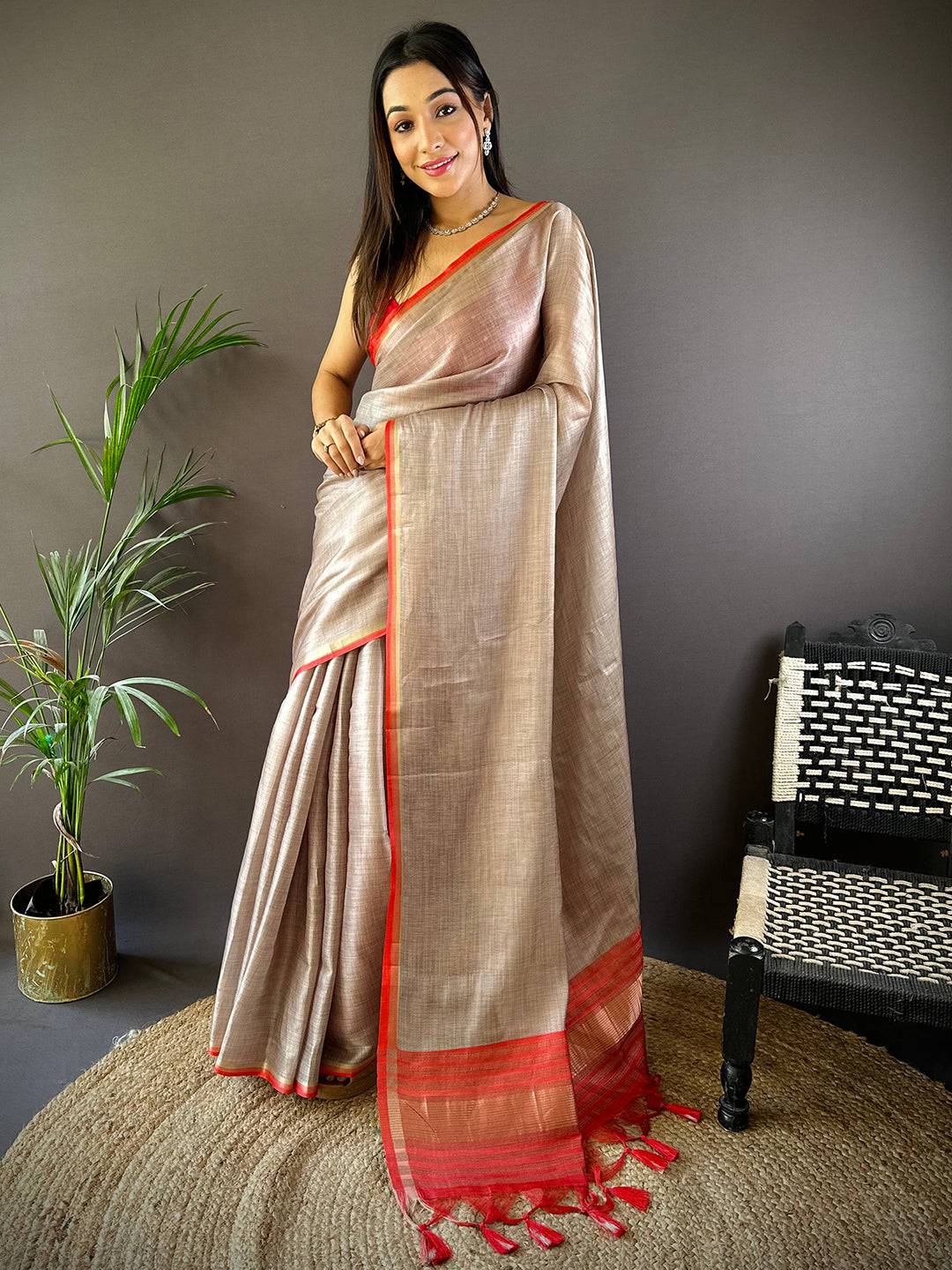 Radiant Ember Satin Tissue Saree  Radiant Ember Satin Tissue Saree