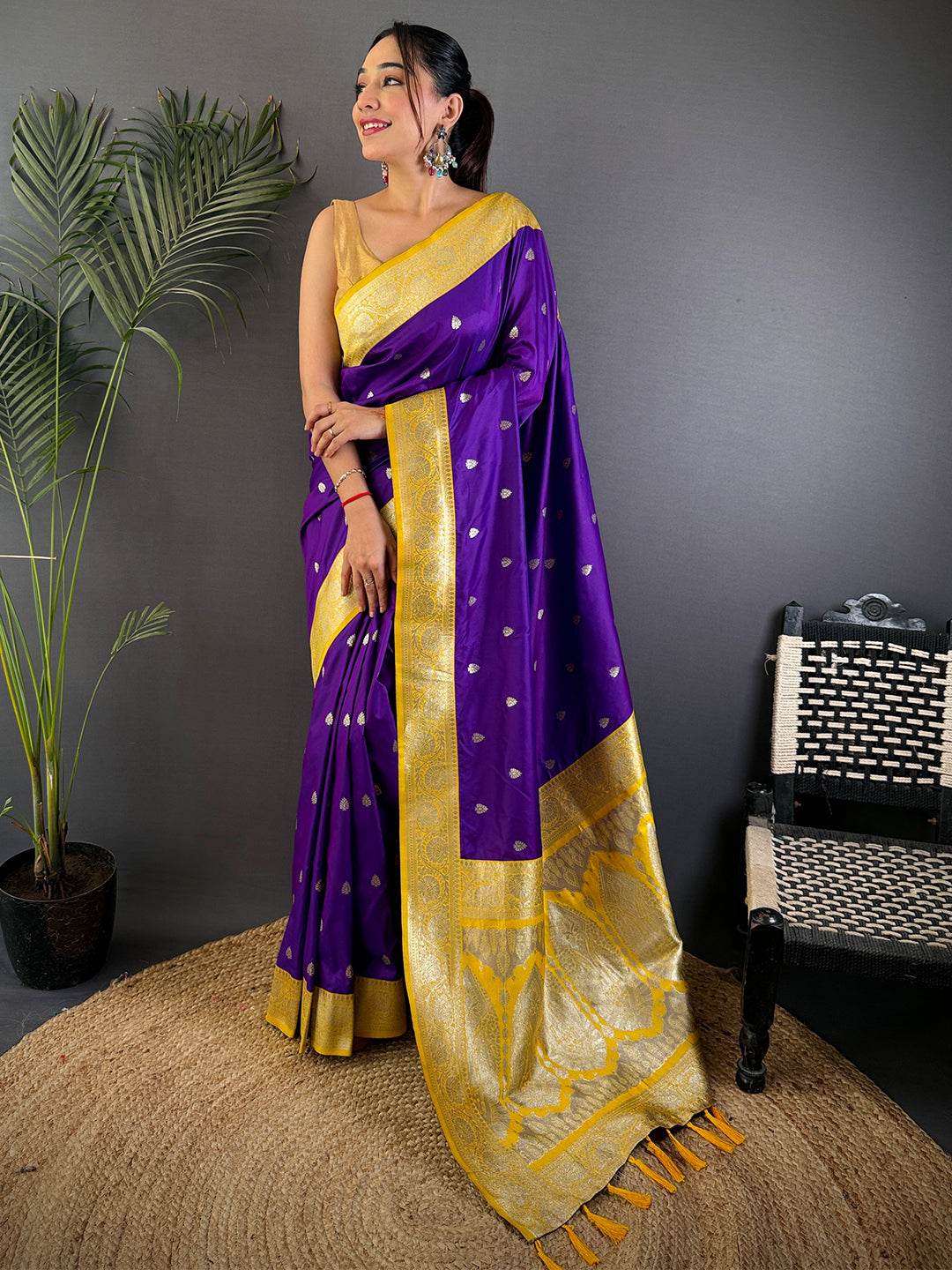 Purple Soft Silk Feather Saree With Maggam Blouse