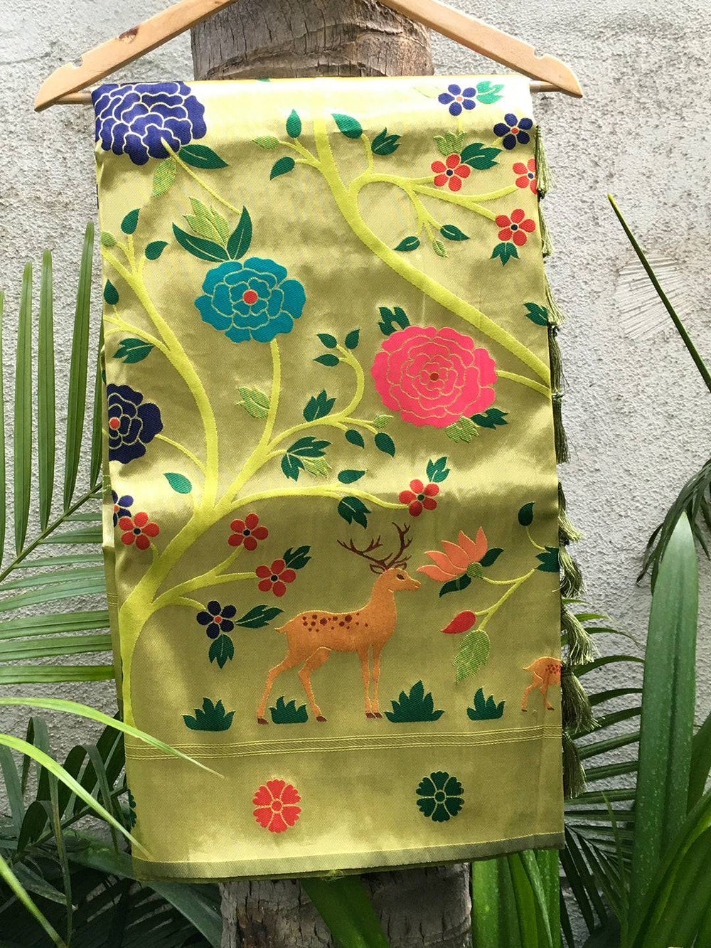 Slime Green Meenakari Work Paithani Saree with floral and deer motifs