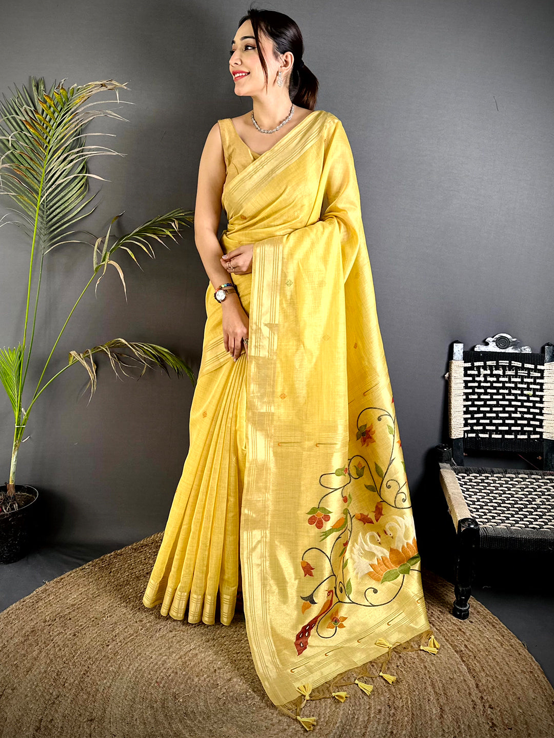 Yellow Swan Minakari Linen Saree
