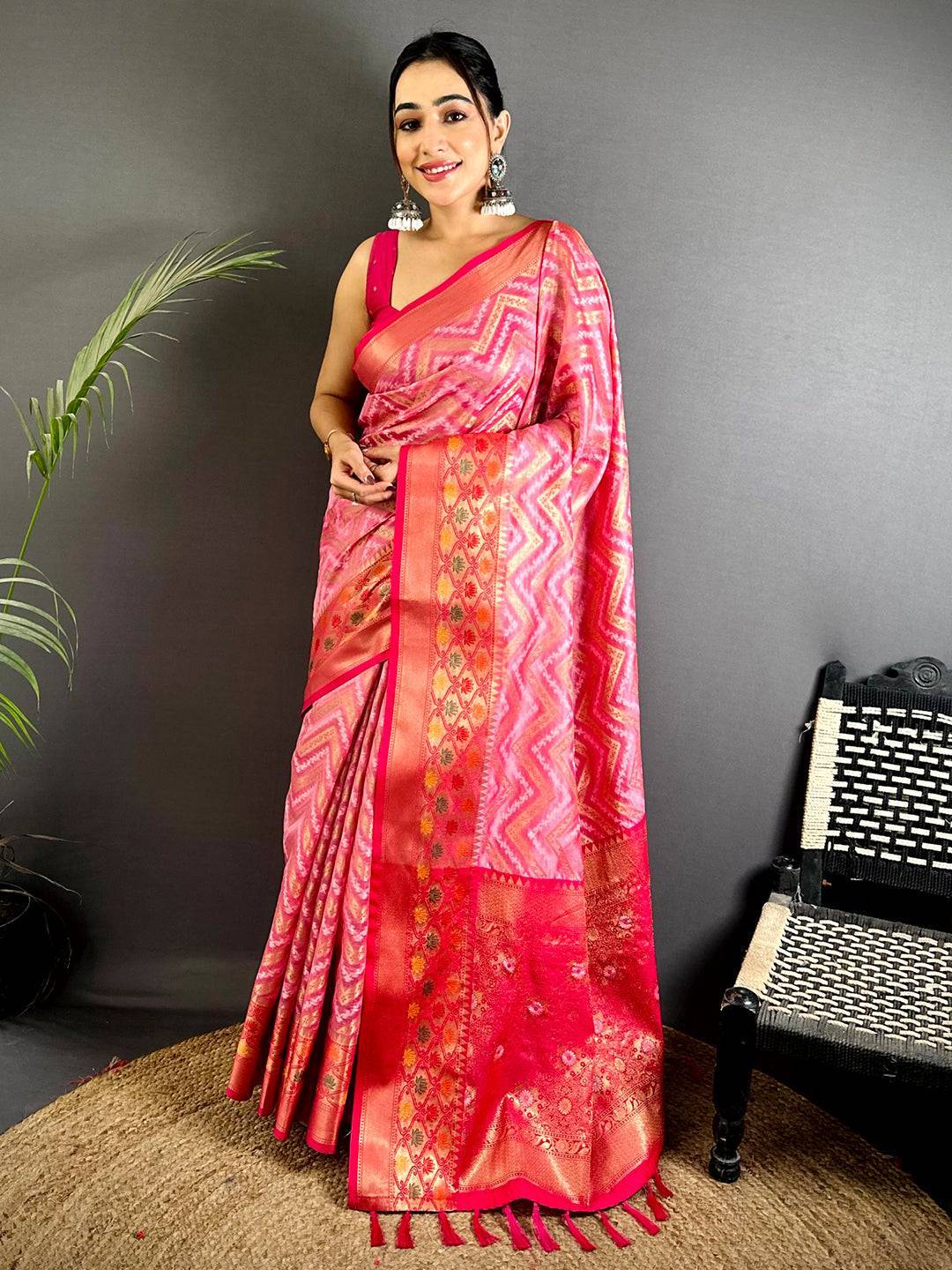 Baby Pink Banarasi Zic Zac Katan Silk Saree


