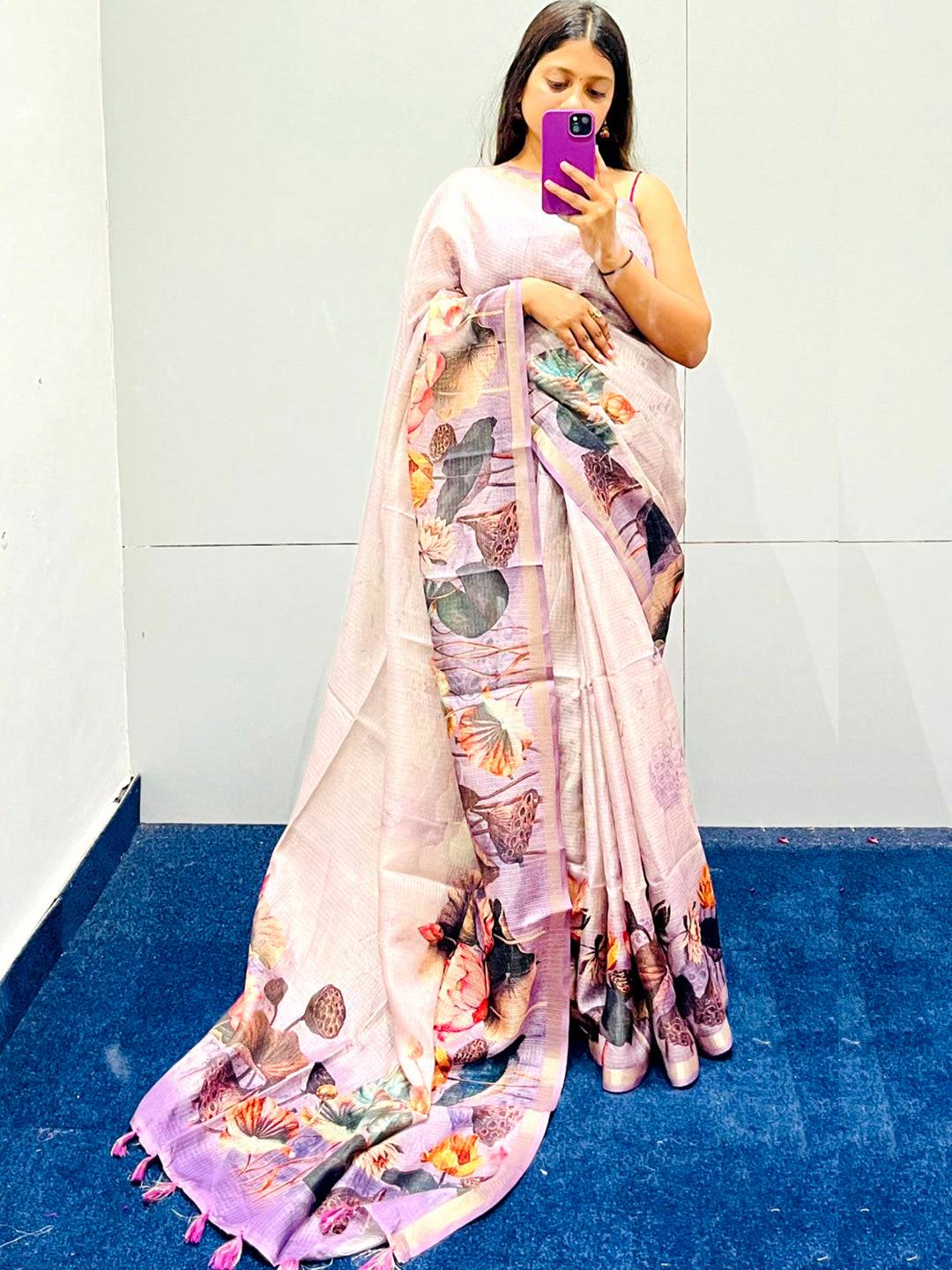Soft violet silk saree with floral design and rich pallu