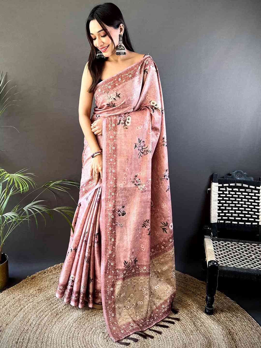 Pastel Pink Zari Tussar Floral Print Saree