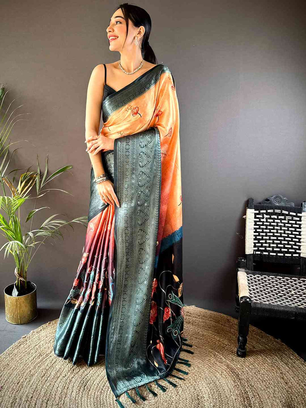 Orange Soft Silk Floral Ombre Print Saree