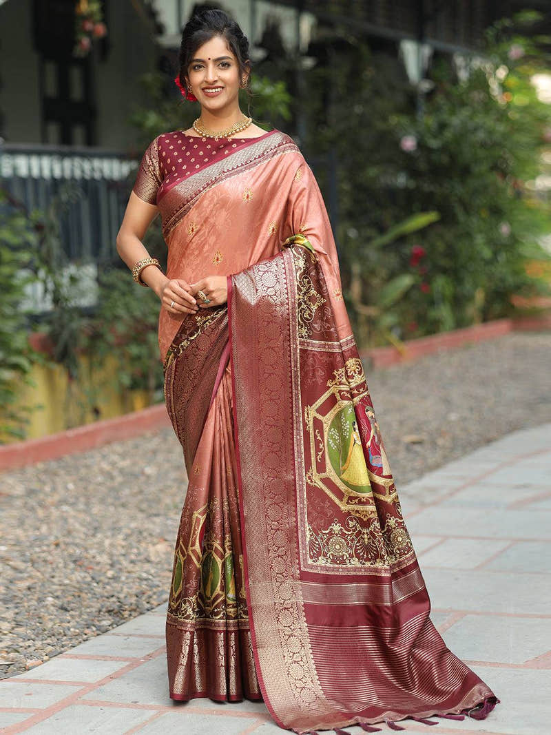Viscose Dola Silk Saree With Zari Weaving Pallu In Peach Colour - Luxe