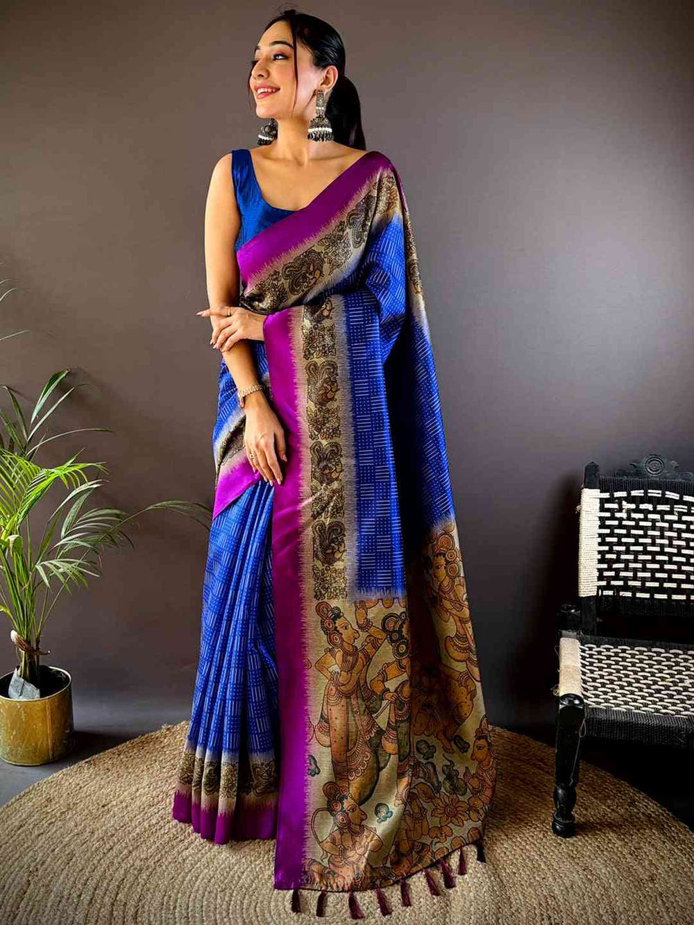 Blue Soft Silk Kalamkari Pallu Saree