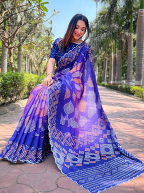 Georgette Silk Saree with Ombre Bandhej Print & Stone Work