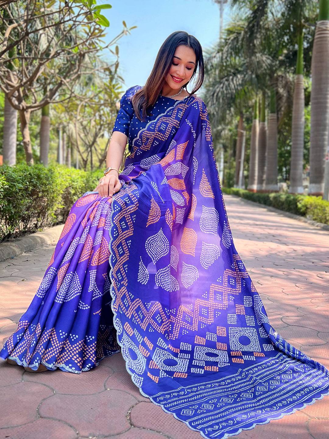 Georgette Silk Saree with Ombre Bandhej Print & Stone Work