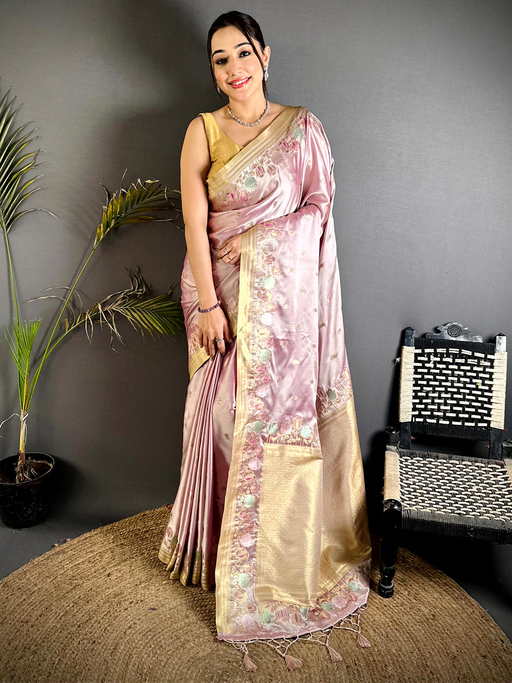 Blush Pink Satin Silk Zari Weave Saree


